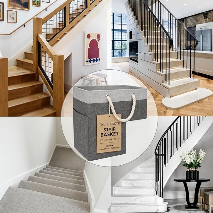 Stair basket,Foldable staircase baskets,Step stairs storage baskets with handle,2pcs dark gray
