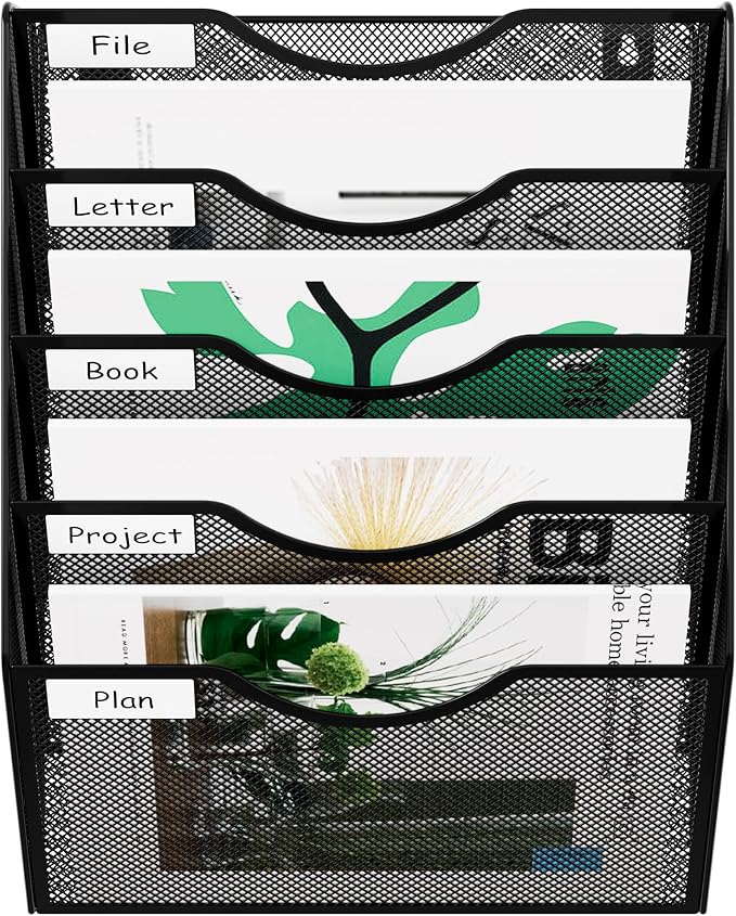 EasyPAG Wall File Organizer 5 Tier Hanging Paper Folder Holder, Zero Assembly Metal Mesh Wall Mounted Mail Organizer for Office Home Classroom Narrow Spaces, Black