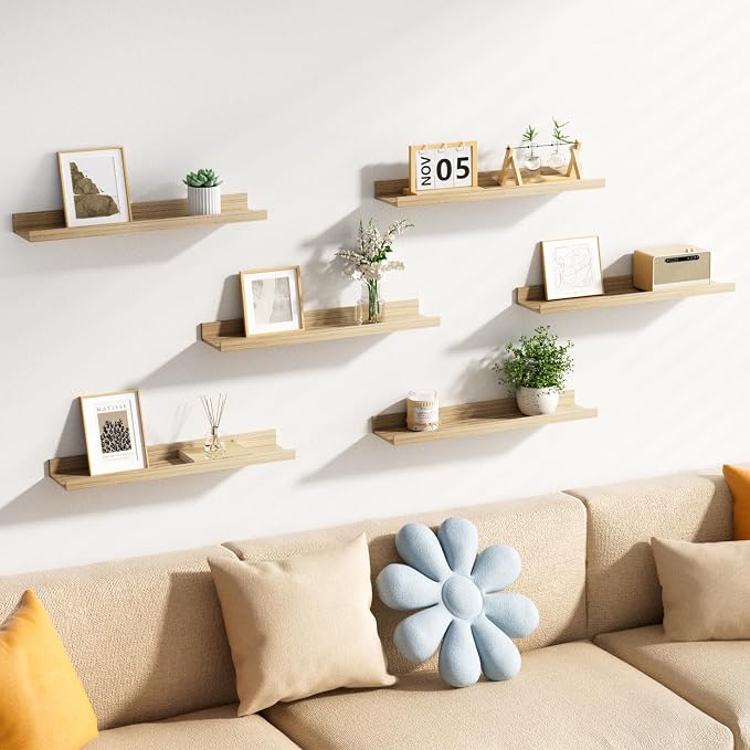 upsimples Floating Shelves for Wall, 23.6 Inch Shelves for Decor Storage Set of 6, Wall Mounted Wood Shelf for Bedroom, Living Room, Bathroom, Kitchen, Long Picture Ledge Shelves, Natural