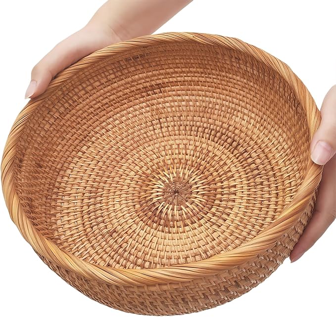 10.2" Large Round Rattan Wicker Bread Basket, Natural Fruit Basket for Kitchen Counter, Hand Woven Food Baskets, Artisanal Bread Baskets for Serving, Fruit, Vegetable, Candy, Nuts, Keys, Wallets, Etc.
