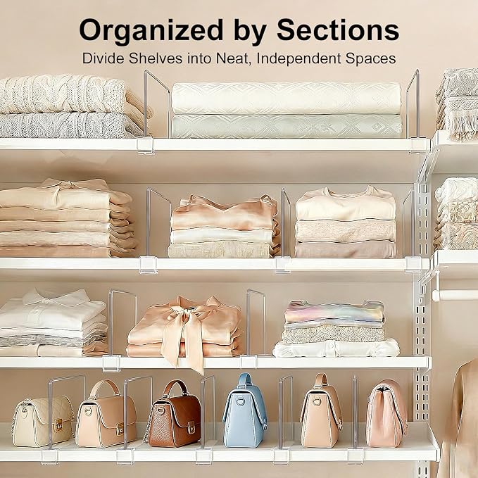 Purse Organizer for Closet Shelf Dividers: 6-inch Tall (Shorter Version) Adjustable Clear Acrylic Bag Storage Organizer for Handbags, Sweaters, Towels, Jeans and Shoes on Wood Shelves 8-Pack