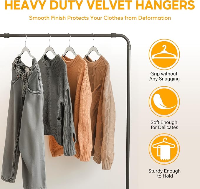 HealSmart Heavy Duty Velvet Hangers 50 Pack, Non-Slip Clothes Hangers with Shoulder Notches, 360° Swivel Hooks, Coat Suit Hangers for Closet Space Saving, White