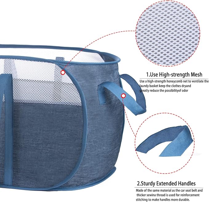 Pop Up Laundry Hamper，with Durable Handles collapsible laundry basket，Easy to Open and Fold for college Dorm,kids room，travel (Blue)…