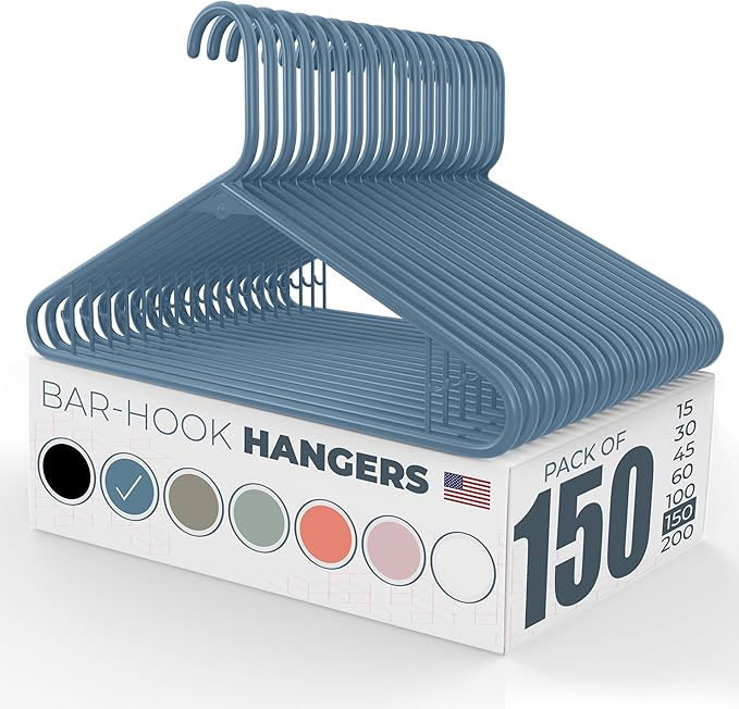 Plastic Hangers 100+ Pack (150 Count) – Made in the USA – 6lb Capacity Standard Clothes Hangers with Strap Hooks for Dresses, Lingerie, Shirts, Pants, and Jackets – Blue