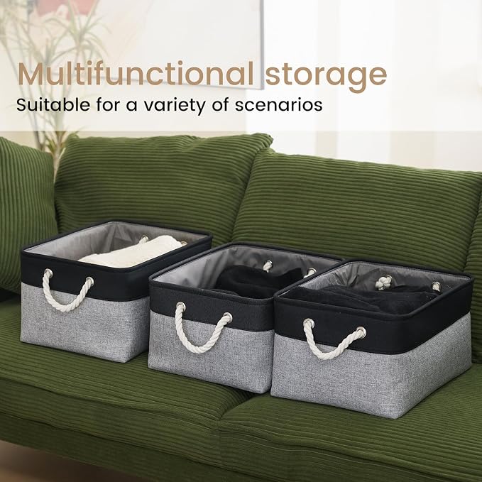 Large Storage Baskets- 15.7x11.8x8.26 inch Storage Bins for Shelves and Closet Organizing, Foldable Fabric Bin for Home Organization Clothes and Laundry (3-Pack, Black&Gray)