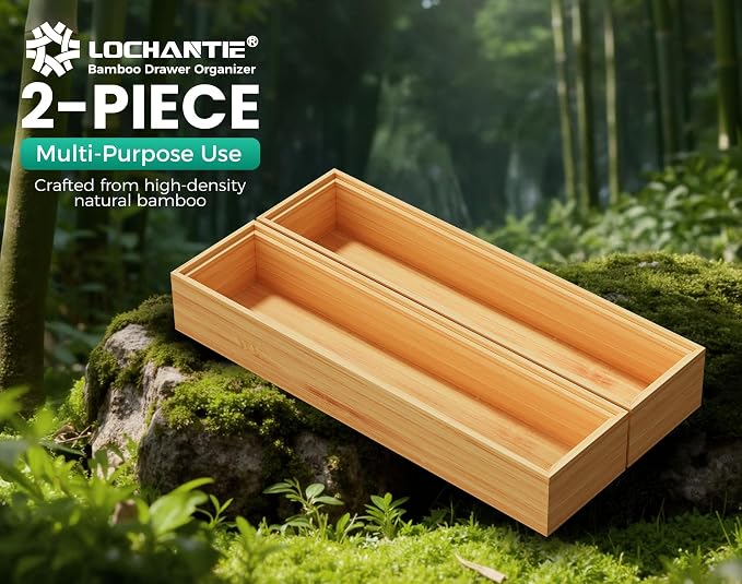 Bamboo Kitchen Drawer Organizer Boxes – 12" x 3" Stackable Wood Silverware Utensil Tray for Drawers Bins, Cutlery & Flatware Storage – Wooden Organizers Set of 2 for Junk Drawer, Bathroom, RV