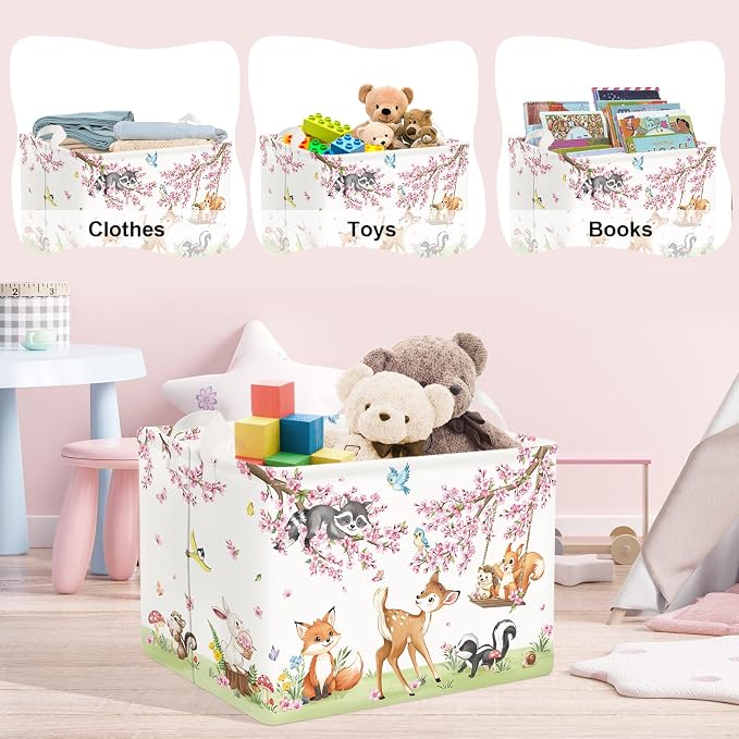 Clastyle Forest Animal Baby Storage Basket Leaf Kid Laundry Hamper Boy Girl Gift Toy Box Collapsible Clothes Organizer Nursery Bin for Bedroom, Cherry Deer, 40x30x30 cm