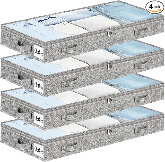 3 Inch Low Profile Under Bed Storage Drawer 4 Pack, Lightweight Underbed Clothes Storage Container Bins With NO STURCTURE, Shallow Storage Bag for Dorm & Home, With Clear Lids & Water-Resistant Fabric