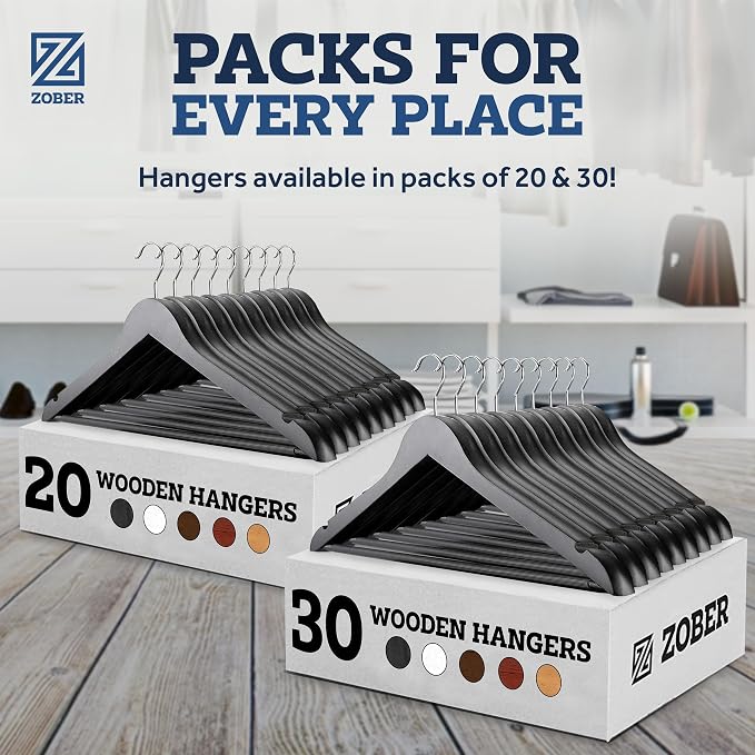 ZOBER Black Wooden Hangers - Heavy Duty, Non Slip Wood Hangers for Coats, Jackets, Suits, & Pants - Coat Hangers for Closet W/Bar and Notches 20 Pack