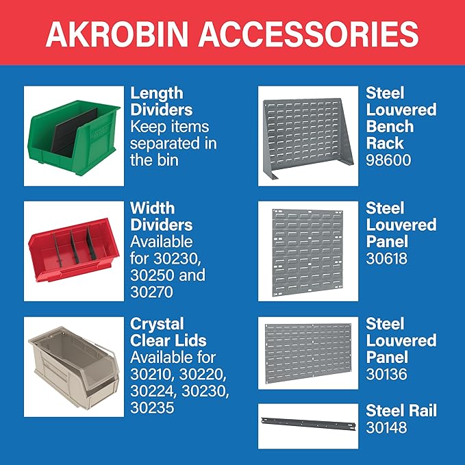 Akro-Mils 30235 AkroBins Plastic Storage Bins, Space-Saving Stackable Bins for Garage, Pantry, Craft Organization, 11" x 11" x 5", Red, 6-Pack