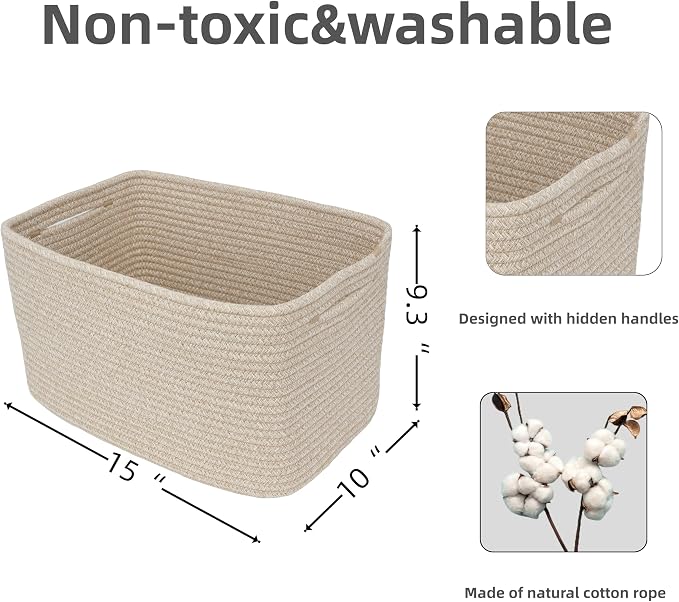 XUANGUO Rope storage Basket Bins Woven Basket for Organizing Shelves 15X10X9.3" Rectangle Decorative Baskets For storage Clothes Toys Books Towels Nursery basket organizer 3 pack Oatmeal