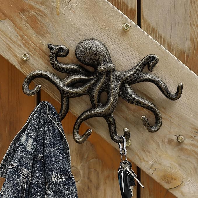 Key Holder for Wall, Octopus Wall Hooks Decorative for Hanging, Cast Iron Coat Hooks/Towel Hooks with 6 arms - Bronze