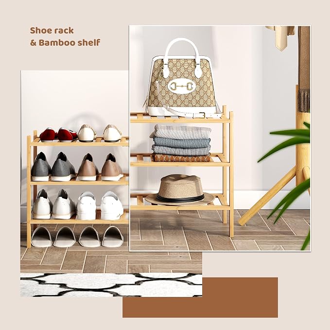 Bamboo Shoe Rack Stackable Shoe Shelf Storage Organizer for Unit Entryway Hallway and Closet Sturdy Freestanding Shoe Shelf(3L Tier Natural)