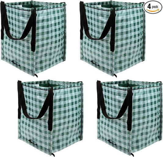 DURASACK Heavy Duty Storage Tote Bag 22-Gallon Rugged Woven Polypropylene Moving Bag, Reusable Self-Standing Design, Holds up to 500 Pounds, Pack of 4, Gingham Green
