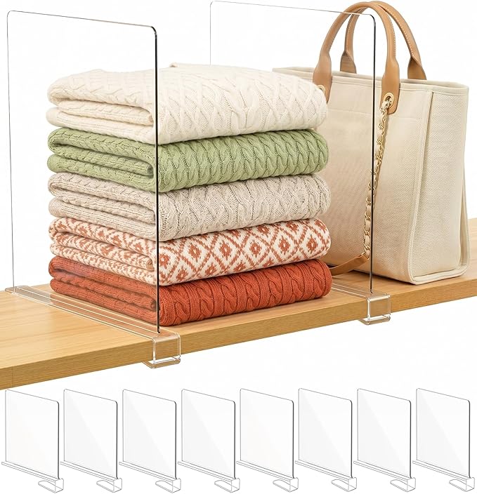 SortNStore Shelf Dividers Purse Organizer for Closet: 11-inch Tall(Extra Tall) Acrylic Sweater Organizer - Upgraded Extra Height for Large Handbags, Totes, Clothes, Towels on Wood Shelves 8-Pack