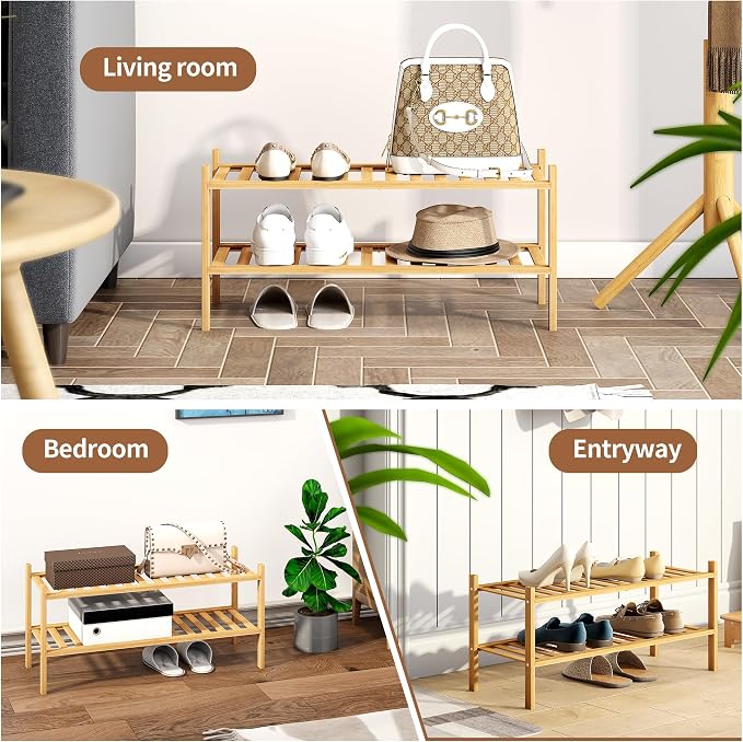 Bamboo Shoe Rack Stackable Shoe Shelf Storage Organizer for Unit Entryway Hallway and Closet Sturdy Freestanding Shoe Shelf(2 Tier Natural)