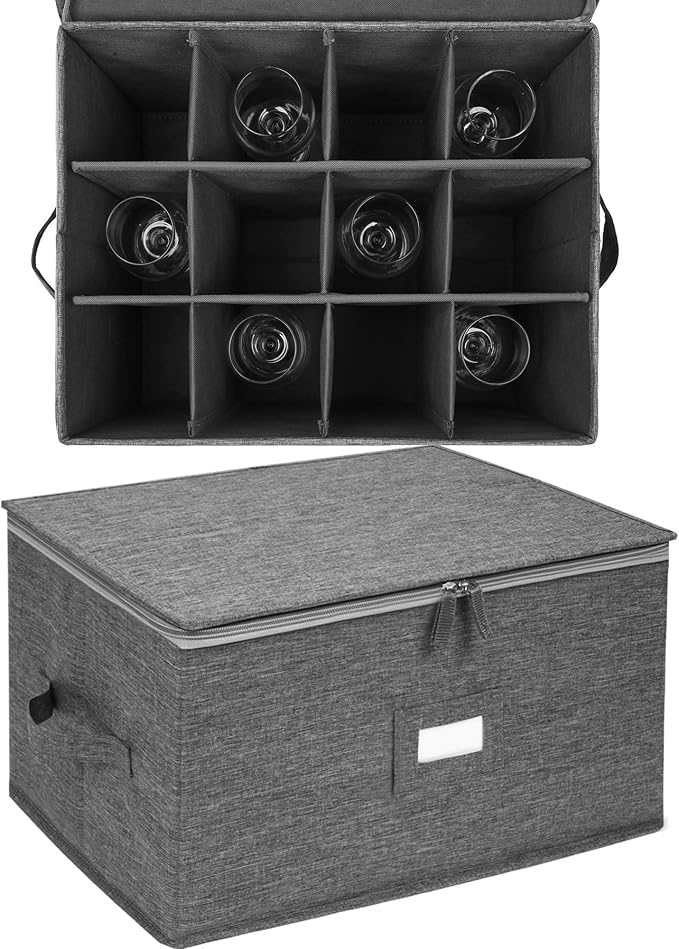 Stemware Storage Cases, Wine Glass Storage Box Containers for Glassware or Crystal, Holds 12 Red or White Wine Glasses, Hard Top and Sides (Grey)
