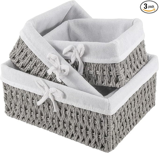 SHEUTSAN 3 PCS 3 Sizes Gray Woven Storage Basket with Removable Liner, Decorative Paper Rope Woven Storage Bin for Organizing and Storing