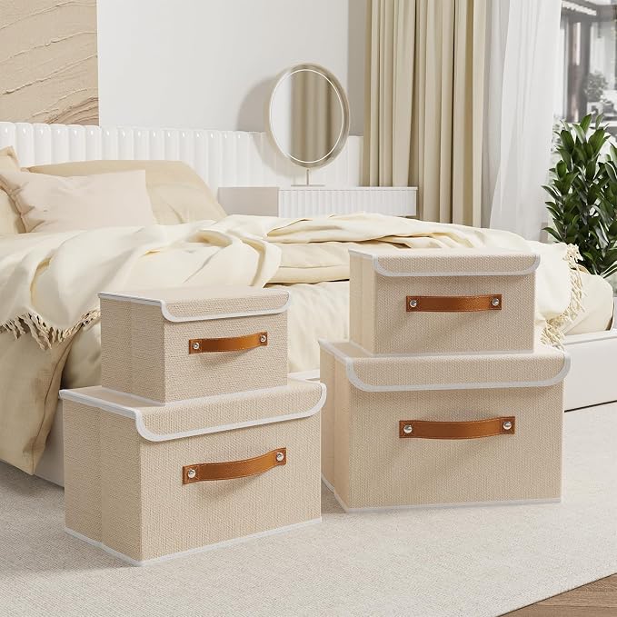 OUTBROS Fabric Storage Bins, Beige, 5 Pack 10.2 x 7.9 x 6.7 in | Storage Boxes with Flip-Top Lid and Handles, Cube Organizers for Organizing Home,Office,and Closet