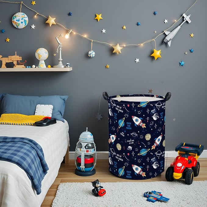 Kids Laundry Basket Baby Hamper for Nursery Boys Kids Hamper Cute Kids Toys Storage Bin Organizer Butterfly Room Decor for Home(Rocket Planet)