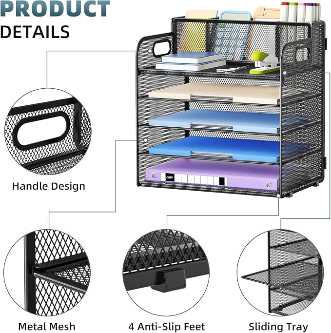 Marbrasse 5 Tier Paper Organizer Letter Tray, Mesh Desk File Organizer with Handle, Paper Sorter Desk Organizer for Home Office Supplies -Black, with 3 Pen Holders