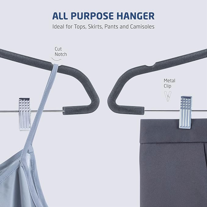 Zober Velvet Hangers with Clips - Pack of 20 Metal Clip Hangers for Pants - Notched Gray Velvet Skirt Hangers for Pants, Skirts, Suits, Dresses & Shirts w/ 360 Degree Hook - Non Slip Felt Hangers