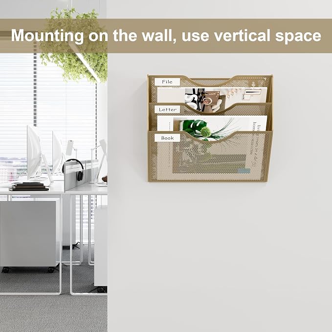 EasyPAG 3 Pocket Mesh Wall File Organizer, Hanging Paper Folder Holder with Classify Label, Vertical Wall Mount Mail Organizer for Office Home Classroom, Gold