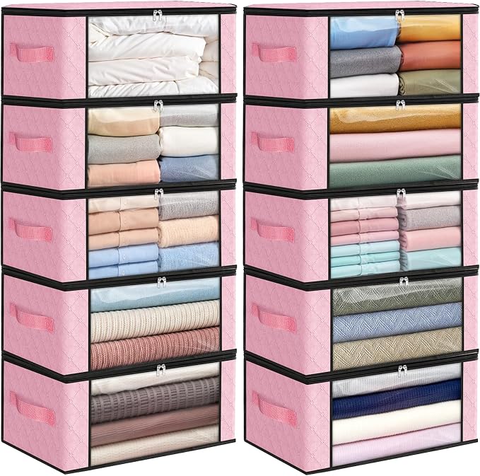 Fab totes 35L Closet Organizers and Storage, Foldable Under Bed Storage Containers, Storage bags for Organizing Bedroom, Closet, Clothing,Organization with Handle (10 Pack,Pink)