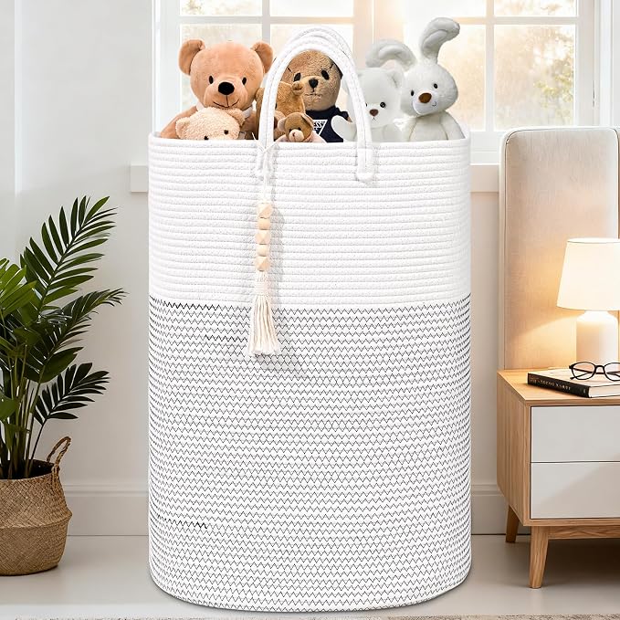 Woven Laundry Basket for Clothes, 80L Large Rectangle Laundry Hampers with Beads Tassel, Nursery Storage Basket for Toys, Tall Dirty Clothes Hamper for Bedroom Aesthetic, Laundry Room Organization