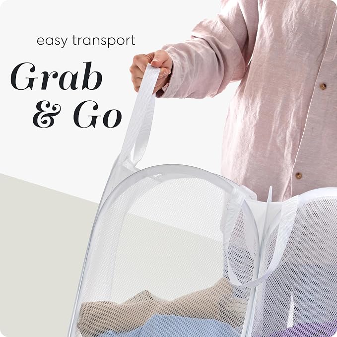 Handy Laundry Mesh Popup Hamper - Two Compartments, Collapsible for Storage and Easy to Open. Folding Pop-Up Clothes are Great for The Kids Room, College Dorm or Travel. (White)