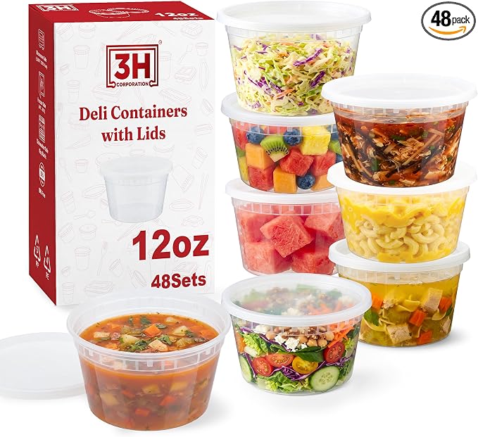 12oz Deli Containers with Lids (48 Set/96 Pcs) Small Fruit Cups with Lids, Freezer Microwave Safe, BPA-Free Stackable Airtight Leakproof Salad Dressing Condiment Dipping Sauce Cups