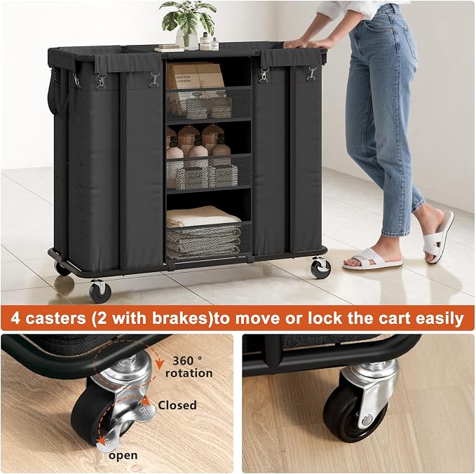 WOWLIVE Laundry Sorter 2 Section, 200L Rolling Laundry Hamper with Wheels | Laundry Cart with Steel Frame, Laundry Basket with Hanging and Removable Bag, Storage Unit Basket Organizer for Dorm, Black