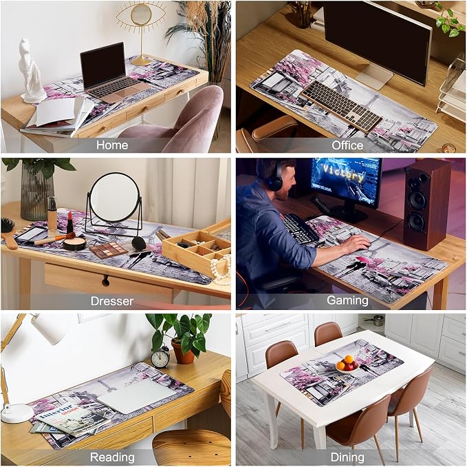 Lokigo Paris Eiffel Tower Desk Pad,Mouse Pad,Romantic Vintage Gray Pink Large Desk Mat for Girls Women, Laptop Writing Mat for Office Work/Home/Decor, Pink, 31.5"x11.8"