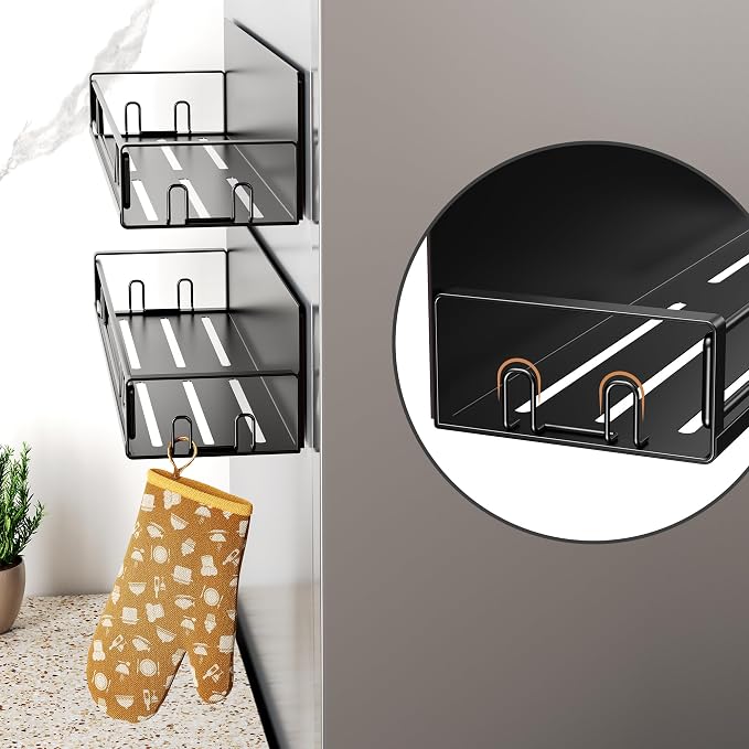 Mystozer 16.9 Inch Wide Large Capacity Magnetic Spice Rack for Refrigerator,2 Pack Metal Fridge Shelf Kitchen Organizers and Storage Fridge Organizer Spicy Shelf Spice Rack（Black）