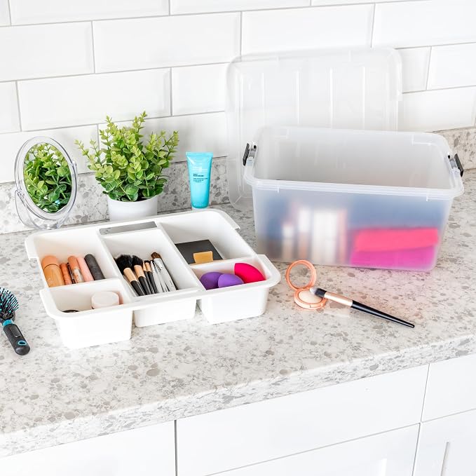 IRIS USA 18 QT Clear Storage Organizer with Removable Dividers, Stackable Plastic Storage Box with Lid, Modular Container for Crafts, Tools, Office & Pantry Organization