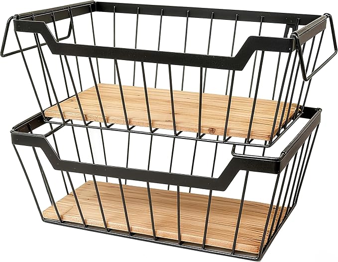 ShabbyDecor Metal Wire Basket with Handles Storage Organizer Stackable Organizing bins for Cabinet Shelf Countertop Under Sink Pantry for Kitchen,Bathroom,Laundry Closet,Set of 2pcs