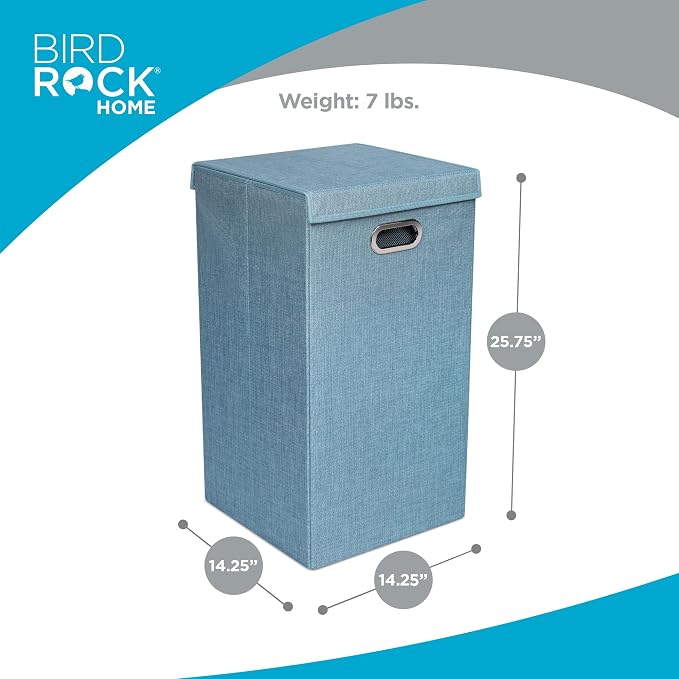 BIRDROCK HOME Laundry Hamper with Lid | Removable Bags for Sorting Clothes | Sectioned Laundry Basket for Bedroom & Bathroom | Collapsible Storage Bin with Cover | Single, Light Blue