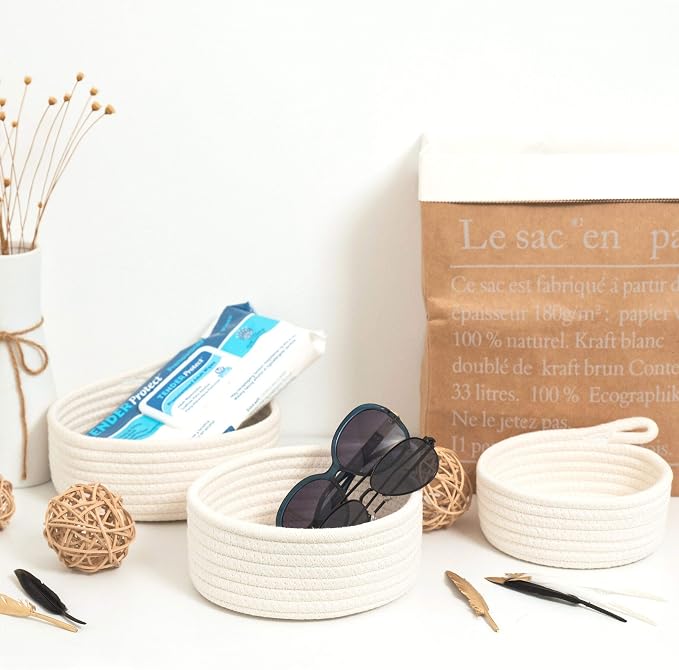 MINTWOOD Design Set of 3 Cotton Rope Nesting Bowls, Small Catch All Basket, Cute Closet Baskets and Bins for Shelves, Mini Table Basket Organizer for Small Accessories