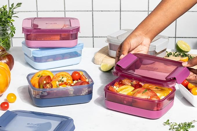 Ello Plastic Meal Prep Set BPA Free Plastic Food Storage Container with Silicone Boot and Airtight Lids, Dishwasher, Microwave, and Freezer Safe.