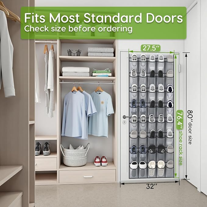 Over the Door Shoe Organizer with 40 Large Breathable Mesh Pockets, Space Saving Shoe Holder, Hanging Shoe Rack for Entryway Bedroom Closet Storage (Grey, 80 Pockets)