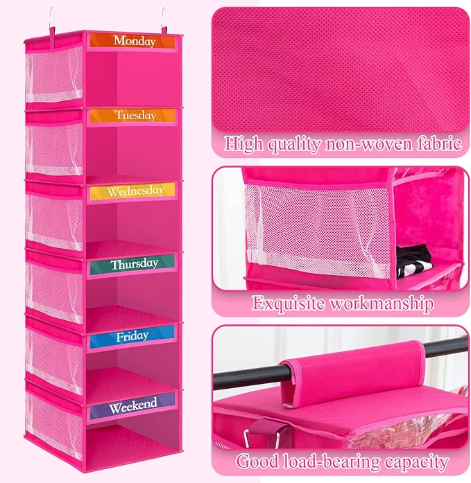 Amylove 2 Pack 6 Shelf Weekly Clothes Organizer for Kids with Side Pocket, 47 Inch Days of the Week Clothes Organizer, Monday to Friday Daily School Outfits Clothing Divider for Kids(Rose Red)