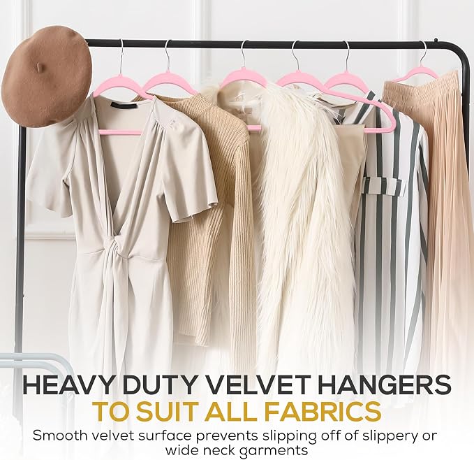 Techzoo Premium Velvet Hangers 50 Pack Ultra Thin Non Slip Adult Felt Space Saving Suit Hanger for Closet Heavy Duty Coat Pants Jackets Dress Hangers 360° Swivel Hook Hold Upto 10 lbs Pink