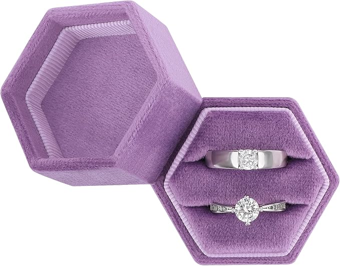 DesignSter Hexagon Velvet Ring Bearer Box - Premium Gorgeous Vintage Double Ring Display Holder with Detachable Lid for Proposal, Engagement, Wedding, Ceremony (Lavender purple)