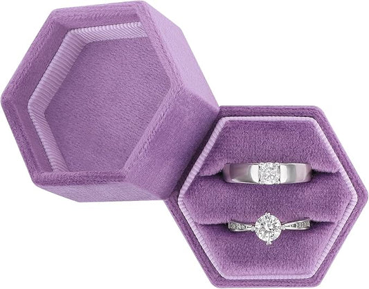DesignSter Hexagon Velvet Ring Bearer Box - Premium Gorgeous Vintage Double Ring Display Holder with Detachable Lid for Proposal, Engagement, Wedding, Ceremony (Lavender purple)
