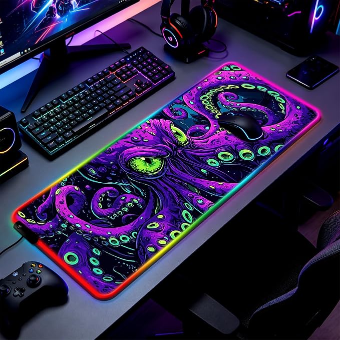 RGB Octopus Monster Gaming Desk Mat, Computer Keyboard Large Extended Cool Neon Animal LED Mouse Pad for Office and Home, 31.5×11.8 Inches, XL