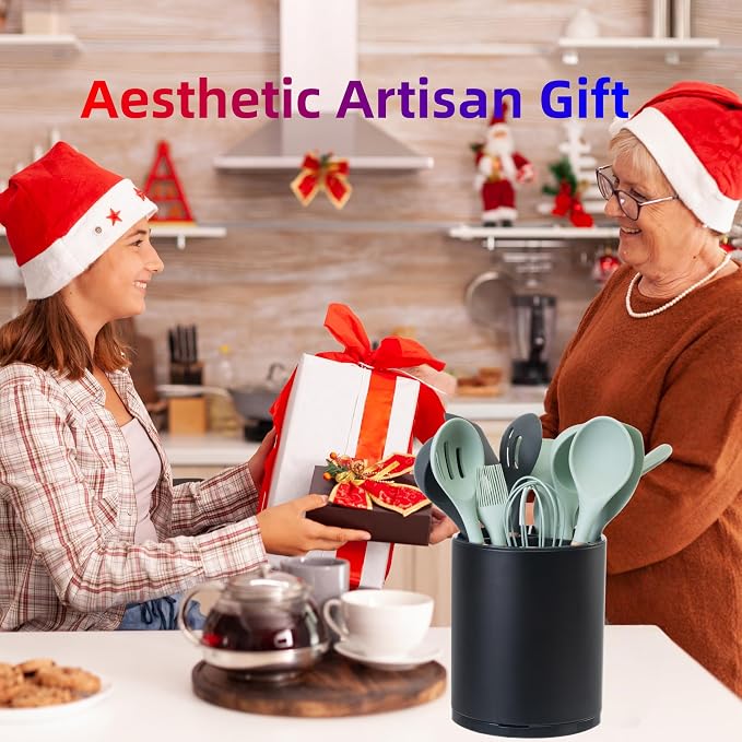 LIBODOUR Kitchen Utensil Holder Extra Large 360°Rotating For Counter Organizer Stainless Steel Storage Cooking Silverware Caddy 3 Compartment Flatware Spoon Spatula Tool Cutlery Container（Black）