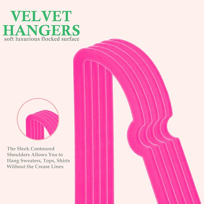 Velvet Hangers 20 Pack,16 Inch Non Slip Adult Heart Hanger(Hot Pink) | 360° Swivel Hooks, Cascade Design, Space Saving