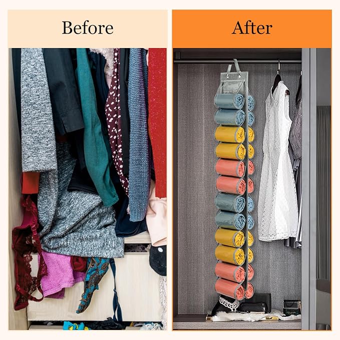 Lirex Scarf Storage Organizer with 24 Pockets, Yoga Legging Storage Organizer for Family Closet Bedroom, Light Grey