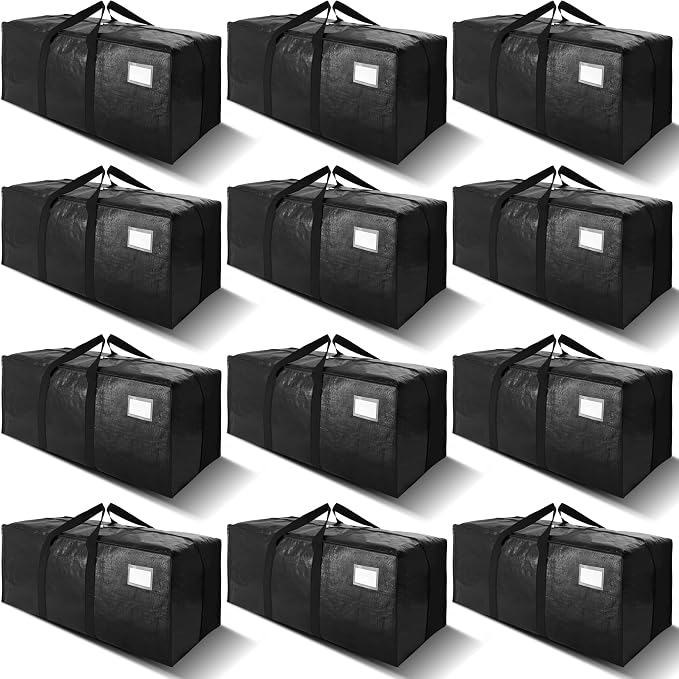 VELVETSURE 12 Pack Heavy Duty Extra Large Moving Bags W/Backpack Straps - Strong Handles & Zippers, Storage Totes For Space Saving, Fold Flat, Alternative to Moving Box and Storage Bin, Black