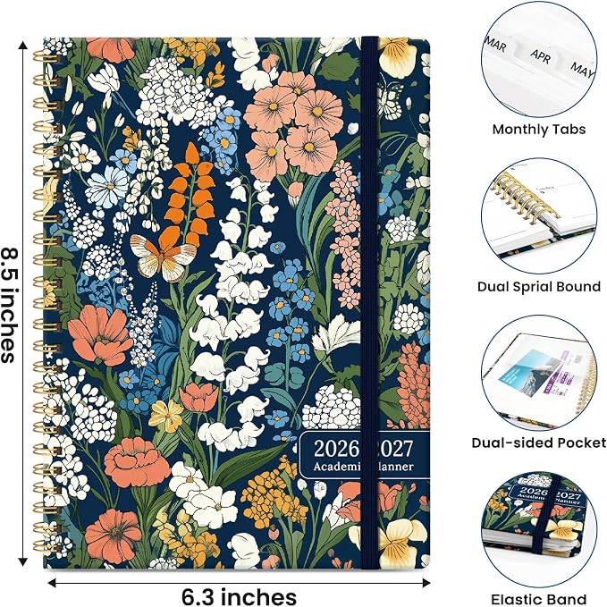 Planner 2026-2027, Hardcover Monthly and Weekly Academic Planner July 2026 - June 2027, Teacher and Student Calendar Agenda Book with Tabs, A5 (6.3" x 8.5"), Ideal for School and Office, Botanical Tapestry